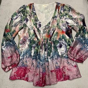 Sundance Silk Blouse Top Medium Watercolor Pleated Art To Wear Colorful